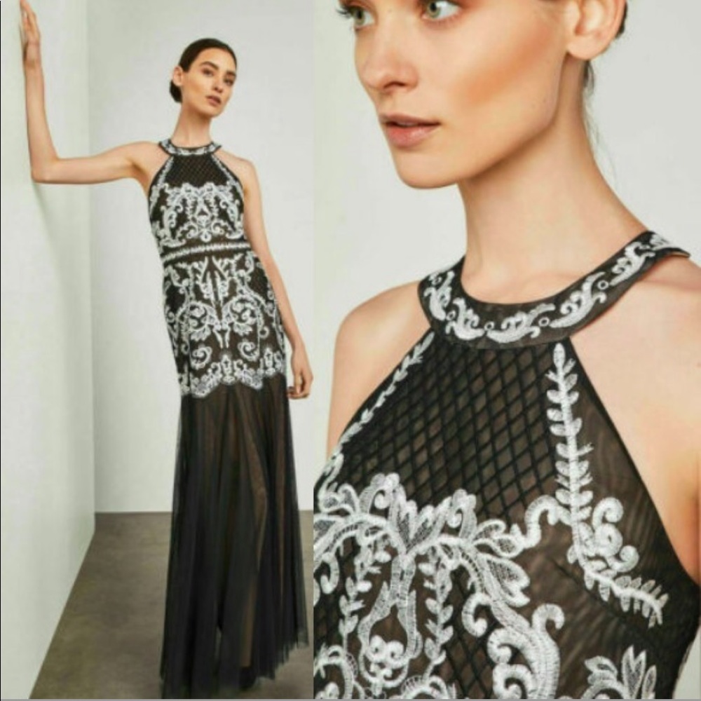 BCBGMAXAZRIA Embroidered Halter Gown